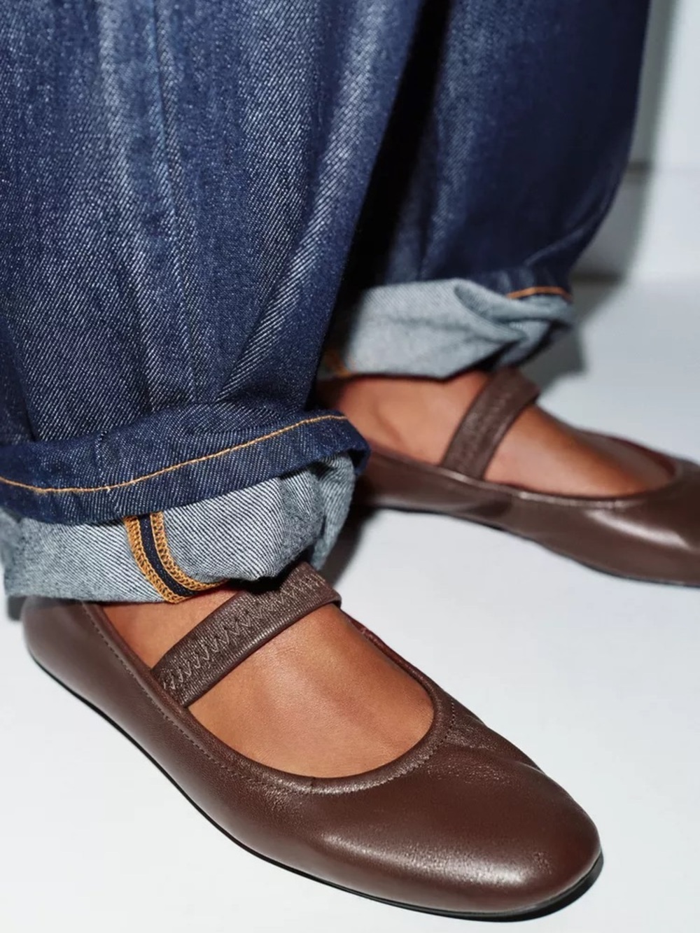 Zara Brown Mary Jane Leather Flats